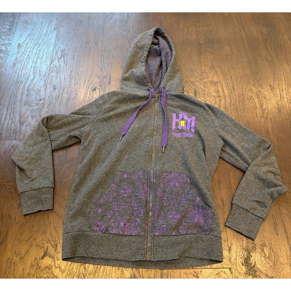 Disney Parks Haunted Mansion Full Zip Hoodie Small Gray Purple Wallpaper Print